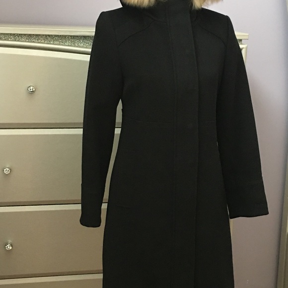 MARC New York black fur trim hooded wool coat zipper and snap closure pockets - Picture 5 of 16